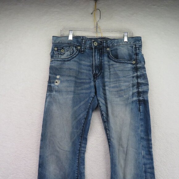 Express Rocco Jeans Mens Size 30 x 32 Distressed Bootcut Blue Denim Button Flap - Picture 2 of 11